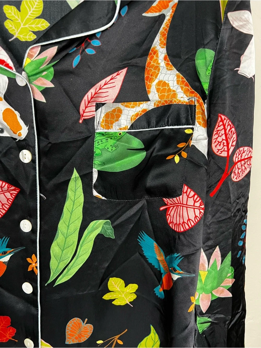 Karen Mabon 100% Silk Black Botanical Koi Fish Bird Luxury 2 Piece Pajama Set